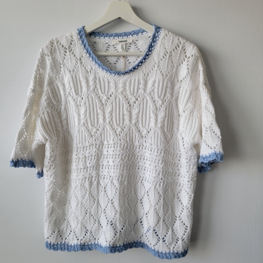 splendid women's keke Crochet Trim Pointelle Sweater size L soft girl romantic